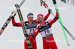 01.03.2011, Oslo, Norway (NOR): (l-r) Eldar Roenning (NOR), Rossignol, Swix, Rottefella and Martin Jonsrud Sundby (NOR), Fischer, KV+, Alpina, Rottefella, Swix  - FIS nordic world ski championships, cross-country, 15km men, Oslo (NOR). www.nordicfocus.com. © Laiho/NordicFocus. Every downloaded picture is fee-liable.