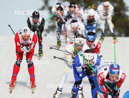06.03.2011, Oslo, Norway (NOR): in the focus: l-r: Petter Northug (NOR), Fischer, Rottefella, Alpina, Ski Go, Swix , Marcus Hellner (SWE), Fischer, Salomon, Exel, Craft, Maxim Vylegzhanin (RUS), Fischer, Rottefella, Alpina, Swix, adidas  - FIS nordic world ski championships, cross-country, mass  men, Oslo (NOR). www.nordicfocus.com. © Hemmersbach/NordicFocus. Every downloaded picture is fee-liable.
