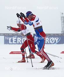 02.03.2011, Oslo, Norway (NOR): group, l-r: Petter Northug (NOR), Fischer, Alpina, Swix, Rottefella, Alexander Panzhinskiy (RUS), Rossignol, Rottefella, Swix, Adidas - FIS nordic world ski championships, cross-country, team sprint, Oslo (NOR). www.nordicfocus.com. © Hemmersbach/NordicFocus. Every downloaded picture is fee-liable.
