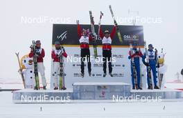 02.03.2011, Oslo, Norway (NOR): the teams on the podium (l-r) Norway, Canada and Russia  - FIS nordic world ski championships, cross-country, team sprint, Oslo (NOR). www.nordicfocus.com. © Laiho/NordicFocus. Every downloaded picture is fee-liable.
