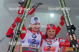 02.03.2011, Oslo, Norway (NOR): l-r: Astrid Uhrenholdt Jacobsen (NOR), Fischer, Rottefella, Swix and Maiken Caspersen Falla (NOR), Fischer, Rottefella, Alpina, Swix  - FIS nordic world ski championships, cross-country, team sprint, Oslo (NOR). www.nordicfocus.com. © Hemmersbach/NordicFocus. Every downloaded picture is fee-liable.