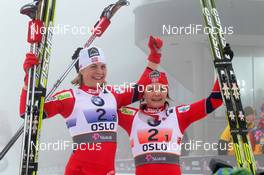 02.03.2011, Oslo, Norway (NOR): l-r: Astrid Uhrenholdt Jacobsen (NOR), Fischer, Rottefella, Swix and Maiken Caspersen Falla (NOR), Fischer, Rottefella, Alpina, Swix  - FIS nordic world ski championships, cross-country, team sprint, Oslo (NOR). www.nordicfocus.com. © Hemmersbach/NordicFocus. Every downloaded picture is fee-liable.