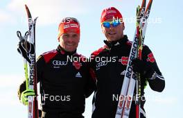 05.04.2011, Tana, Norway (NOR): (l-r) Tobias Angerer (GER), Rossignol, One Way, Rottefella, Adidas and the service man Uwe Bellman  - Tour de Barents 2011, training, Tana (NOR). www.nordicfocus.com. © Laiho/NordicFocus. Every downloaded picture is fee-liable.