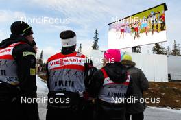 20.11.2011, Sjusjoen, Norway (NOR): skiers of USA watching the race from the video screen  - FIS world cup cross country, 4x10km men, Sjusjoen (NOR). www.nordicfocus.com. Â© Laiho/NordicFocus. Every downloaded picture is fee-liable.