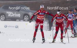 20.11.2011, Sjusjoen, Norway (NOR):  (l-r) Kristin Steira (NOR), Madshus, One Way, Salomon and Marit Bjoergen (NOR), Fischer, Swix, Rottefella - FIS world cup cross country, 4x5km women, Sjusjoen (NOR). www.nordicfocus.com. Â© Laiho/NordicFocus. Every downloaded picture is fee-liable.