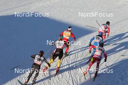 11.12.2011, Davos, Switzerland (SUI): Chandra Crawford (CAN), Fischer, Rottefella, Swix leads Marit Bjoergen (NOR), Fischer, Rottefella, Swix, Krista Lahteenmaki (FIN), Madshus, Rottefella, Perianne Jones (CAN), Fischer, Rottefella, Alpina, One Way, Denise Herrmann (GER), Atomic, adidas, Holly Brooks (USA), Salomon, Swix - FIS world cup cross-country, individual sprint, Davos (SUI). www.nordicfocus.com. © Manzoni/NordicFocus. Every downloaded picture is fee-liable.
