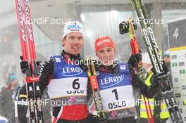 26.02.2011, Oslo, Norway (NOR): l-r: Tino Edelmann (GER) Madshus, Rottefella, adidas, Leki and Eric Frenzel (GER), Fischer, Salomon, adidas  - FIS nordic world ski championships, nordic combined, individual gundersen HS106/10km, Oslo (NOR). www.nordicfocus.com. © Hemmersbach/NordicFocus. Every downloaded picture is fee-liable.