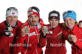 04.03.2011, Oslo, Norway (NOR): Team Norway, l-r: Havard Klemetsen (NOR), Fischer, Magnus Moan (NOR), Madshus, Rottefella, Swix, Jan Schmid (NOR), Fischer, Rottefella, Swix, Mikko Kokslien (NOR), Fischer, Swix, Rottefella  - FIS nordic world ski championships, nordic combined, medals, Oslo (NOR). www.nordicfocus.com. © Hemmersbach/NordicFocus. Every downloaded picture is fee-liable.