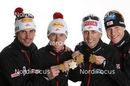 04.03.2011, Oslo, Norway (NOR): Team Austria, l-r: Felix Gottwald (AUT), Fischer, Loeffler, Rottefella, Swix, David Kreiner (AUT), Fischer, Salomon, Swix, Loeffler, Mario Stecher (AUT), Fischer, Rottefella, Bernhard Gruber (AUT), Fischer, Rottefella, Loeffler, Leki  - FIS nordic world ski championships, nordic combined, medals, Oslo (NOR). www.nordicfocus.com. © Hemmersbach/NordicFocus. Every downloaded picture is fee-liable.
