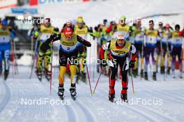 04.12.2011, Lillehammer, Norway (NOR):  The Start position of the penalty race, in front (l-r) Eric Frenzel (GER), Fischer, Leki, Salomon, Adidas and Christoph Bieler (AUT) get 10 seconds gap for the rest of the group - FIS world cup nordic combined, individual gundersen HS138/10km, Lillehammer (NOR). www.nordicfocus.com. Â© Laiho/NordicFocus. Every downloaded picture is fee-liable.