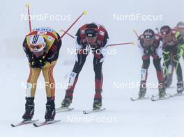 11.12.2011, Ramsau, Austria (AUT): group, l-r: Tino Edelmann (GER), Elan, Madshus, Rottefella, adidas, Bernhard Gruber (AUT), Fischer, Rottefella, Loeffler, Leki, Mario Stecher (AUT), Fischer, Rottefella, Jason Lamy-Chappuis (FRA), Salomon, Swix, One Way  - FIS world cup nordic combined, individual gundersen HS98/10km, Ramsau (AUT). www.nordicfocus.com. © Hemmersbach/NordicFocus. Every downloaded picture is fee-liable.