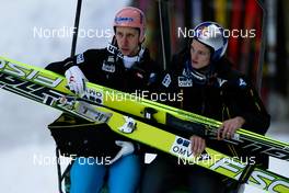 05.02.2011, Oberstdorf, Germany (GER): (l-r) Martin Koch (AUT), Fischer and Thomas Morgenstern (AUT), Fischer sit in the ski lift  - FIS world cup ski jumping, individual HS213, Oberstdorf (GER). www.nordicfocus.com. © Laiho/NordicFocus. Every downloaded picture is fee-liable.