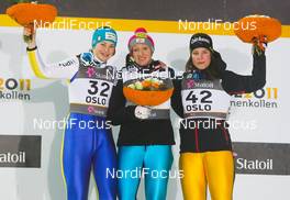 25.02.2011, Oslo, Norway (NOR):  the three best women, (l-r) Elena Runggaldier (ITA), Sporten, the winner Daniela Iraschko (AUT), Fischer and Coline Mattel (FRA), Fischer - FIS nordic world ski championships, ski jumping, individual HS106 women, Oslo (NOR). www.nordicfocus.com. © Laiho/NordicFocus. Every downloaded picture is fee-liable.