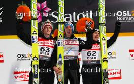 03.03.2011, Oslo, Norway (NOR):  (l-r) Thomas Morgenstern (AUT), Fischer, Gregor Schlierenzauer (AUT), Fischer and Simon Ammann (SUI), Fischer - FIS nordic world ski championships, ski jumping, individual HS134, Oslo (NOR). www.nordicfocus.com. © Laiho/NordicFocus. Every downloaded picture is fee-liable.