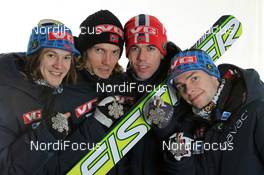 27.02.2011, Oslo, Norway (NOR): Silver Medal Team; Team Norway, l-r: Tom Hilde, Bjoern Einar Romoeren, Anders Bardal, Anders Jacobsen - FIS nordic world ski championships, ski jumping, medals, Oslo (NOR). www.nordicfocus.com. © Hemmersbach/NordicFocus. Every downloaded picture is fee-liable.
