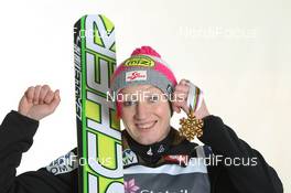 25.02.2011, Oslo, Norway (NOR): Daniela Iraschko (AUT), Fischer - FIS nordic world ski championships, ski jumping, medals, Oslo (NOR). www.nordicfocus.com. © Hemmersbach/NordicFocus. Every downloaded picture is fee-liable.