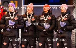 27.02.2011, Oslo, Norway (NOR): team Germany in the victory ceremony (l-r) Martin Schmitt (GER), Elan, Severin Freund (GER), Fischer, Michael Uhrmann (GER), Fischer and Michael Neumayer (GER), Fischer  - FIS nordic world ski championships, ski jumping, team HS106, Oslo (NOR). www.nordicfocus.com. © Laiho/NordicFocus. Every downloaded picture is fee-liable.