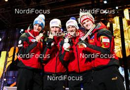 27.02.2011, Oslo, Norway (NOR): the winner team, Austria, (l-r) Gregor Schlierenzauer (AUT), Fischer, Martin Koch (AUT), Fischer, Andreas Kofler (AUT), Fischer and Thomas Morgenstern (AUT), Fischer  - FIS nordic world ski championships, ski jumping, team HS106, Oslo (NOR). www.nordicfocus.com. © Laiho/NordicFocus. Every downloaded picture is fee-liable.
