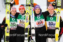 27.02.2011, Oslo, Norway (NOR): team Germany (l-r) Michael Neumayer (GER), Fischer, Michael Uhrmann (GER), Fischer, Martin Schmitt (GER), Elan and Severin Freund (GER), Fischer  - FIS nordic world ski championships, ski jumping, team HS106, Oslo (NOR). www.nordicfocus.com. © Laiho/NordicFocus. Every downloaded picture is fee-liable.
