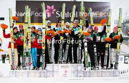 27.02.2011, Oslo, Norway (NOR): the best teams on the podium, (l-r) Norway, Aurstria and Germany  - FIS nordic world ski championships, ski jumping, team HS106, Oslo (NOR). www.nordicfocus.com. © Laiho/NordicFocus. Every downloaded picture is fee-liable.