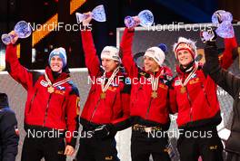 27.02.2011, Oslo, Norway (NOR): the winner team, Austria, (l-r) Gregor Schlierenzauer (AUT), Fischer, Martin Koch (AUT), Fischer, Andreas Kofler (AUT), Fischer and Thomas Morgenstern (AUT), Fischer  - FIS nordic world ski championships, ski jumping, team HS106, Oslo (NOR). www.nordicfocus.com. © Laiho/NordicFocus. Every downloaded picture is fee-liable.