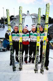05.03.2011, Oslo, Norway (NOR): (l-r) Thomas Morgenstern (AUT), Fischer, Andreas Kofler (AUT), Fischer, Martin Koch (AUT), Fischer and Gregor Schlierenzauer (AUT), Fischer  - FIS nordic world ski championships, ski jumping, team HS134, Oslo (NOR). www.nordicfocus.com. © Laiho/NordicFocus. Every downloaded picture is fee-liable.