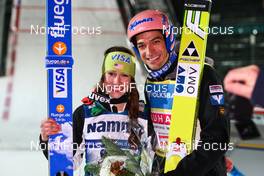 03.12.2011, Lillehammer, Norway (NOR):  (l-r) the winner of the women, Sarah Hendrickson (USA), Fluege.de and the winner of the men Andreas Kofler (AUT), Fischer - FIS world cup ski jumping, individual HS100, Lillehammer (NOR). www.nordicfocus.com. Â© Laiho/NordicFocus. Every downloaded picture is fee-liable.