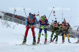 08.01.2012, Oberhof, Germany (GER): Andrei Makoveev (RUS), Fischer, Rottefella, Swix, adidas, Klemen Bauer (SLO), Fischer, Rottefella, Alpina, Swix - IBU world cup biathlon, mass men, Oberhof (GER). www.nordicfocus.com. © Manzoni/NordicFocus. Every downloaded picture is fee-liable.