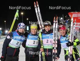 04.01.2012, Oberhof, Germany (GER): L-R: Anais Bescond (FRA), Madshus, Rottefella, Swix, OneWay, Marine Bolliet (FRA), Rossignol, Rottefella, OneWay, Marie Dorin (FRA), Rossignol, Rottefella, OneWay, Sofie Boilley (FRA), Rossignol, Rottefella, OneWay - IBU world cup biathlon, relay women, Oberhof (GER). www.nordicfocus.com. © Manzoni/NordicFocus. Every downloaded picture is fee-liable.
