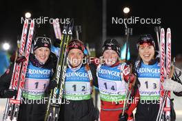 04.01.2012, Oberhof, Germany (GER): L-R: Fanny Welle-Strand Horn (NOR), Madshus, Rottefella, Alpina, Swix, ODLO, Elise Ringen (NOR), Fischer, Rottefella, Odlo, Tora Berger (NOR), Fischer, Rottefella, Odlo, Synnoeve Solemdal (NOR), Madshus, Rottefella, Swix, ODLO - IBU world cup biathlon, relay women, Oberhof (GER). www.nordicfocus.com. © Manzoni/NordicFocus. Every downloaded picture is fee-liable.