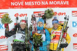 13.01.2012, Nove Mesto, Czech Republic (CZE): L-R: Tora Berger (NOR), Fischer, Rottefella, Odlo, Olga Zaitseva (RUS), Madshus, Rottefella, Alpina, adidas, Magdalena Neuner (GER), Fischer, Rottefella, Swix, adidas, Toko - IBU world cup biathlon, sprint women, Nove Mesto (CZE). www.nordicfocus.com. © Manzoni/NordicFocus. Every downloaded picture is fee-liable.