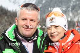 22.01.2012, Antholz, Italy (ITA): Gottlieb Taschler (ITA), vice president IBU, Nami Kim (KOR); IBU vice president - IBU world cup biathlon, mass women, Antholz (ITA). www.nordicfocus.com. © Manzoni/NordicFocus. Every downloaded picture is fee-liable.