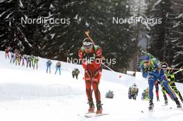 22.01.2012, Antholz, Italy (ITA): Ole Einar Bjoerndalen (NOR), Madshus, Rottefella, Odlo leads the field ahead of Carl-Johan Bergman (SWE), Rossignol, Rottefella, Leki, adidas - IBU world cup biathlon, relay men, Antholz (ITA). www.nordicfocus.com. © Manzoni/NordicFocus. Every downloaded picture is fee-liable.
