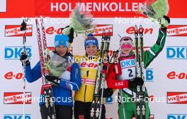 04.02.2012, Holmenkollen, Norway (NOR):  (l-r) Olga Zaitseva (RUS), Madshus, Rottefella, Alpina, adidas, Magdalena Neuner (GER), Fischer, Rottefella, Swix, adidas, Toko and Darya Domracheva (BLR), Fischer, Rottefella, Swix - IBU world cup biathlon, pursuit women, Holmenkollen (NOR). www.nordicfocus.com. Â© Laiho/NordicFocus. Every downloaded picture is fee-liable.