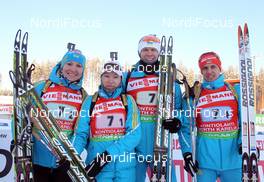 10.02.2012, Kontiolahti, Finland (FIN): L-R: Olena Pidhrushna (UKR), Fischer, Rottefella, Natalya Burdyga (URK), Fischer, Rottefella, Swix, Andriy Deryzemlya (UKR), Fischer, Rottefella, Swix, Serguei Sednev (UKR), Rossignol, Rottefella, Swix - IBU world cup biathlon, relay mixed, Kontiolahti (FIN). www.nordicfocus.com. © Manzoni/NordicFocus. Every downloaded picture is fee-liable.