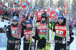 10.02.2012, Kontiolahti, Finland (FIN): L-R: Anais Bescond (FRA), Madshus, Rottefella, Swix, OneWay, Sofie Boilley (FRA), Rossignol, Rottefella, OneWay, Vincent Jay (FRA), Fischer, Rottefella, OneWay, Jean Guillaume Beatrix (FRA), Rossignol, Rottefella, One Way, Odlo - IBU world cup biathlon, relay mixed, Kontiolahti (FIN). www.nordicfocus.com. © Manzoni/NordicFocus. Every downloaded picture is fee-liable.
