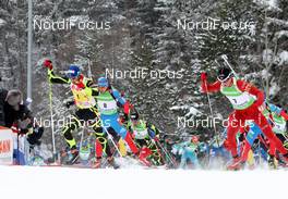 18.03.2012, Khanty-Mansiysk, Russia (RUS): Martin Fourcade (FRA), Rossignol, Rottefella, OneWay, Tarjei Boe (NOR), Fischer, Rottefella, Swix, ODLO - IBU world cup biathlon, mass men, Khanty-Mansiysk (RUS). www.nordicfocus.com. © Manzoni/NordicFocus. Every downloaded picture is fee-liable.