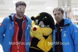 13.03.2012, Khanty-Mansiysk, Russia (RUS): Simon Hallenbarter (SUI), Rossignol, Rottefella, KV+, ODLO, Alpina and Claudio Boeckli (SUI), Rossignol, Rottefella, Leki, ODLO with Biene Maya - IBU world cup biathlon, training, Khanty-Mansiysk (RUS). www.nordicfocus.com. © Manzoni/NordicFocus. Every downloaded picture is fee-liable.