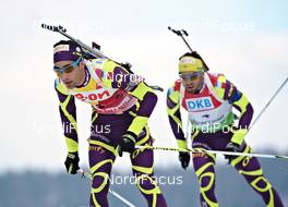 06.03.2012, Ruhpolding, Germany (GER): l-r: Martin Fourcade (FRA), Rossignol, Rottefella, OneWay, Simon Fourcade (FRA), Fischer, Rottefella, Rossignol, Swix, Odlo - IBU world championships biathlon, individual men, Ruhpolding (GER). www.nordicfocus.com. © Felgenhauer/NordicFocus. Every downloaded picture is fee-liable.