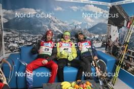 06.03.2012, Ruhpolding, Germany (GER): L-R: Jaroslav Soukup (CZE), Fischer, Rottefella, Jakov Fak (SLO), Fischer, Rottefella, Alpina, Swix Simon Fourcade (FRA), Fischer, Rottefella, Rossignol, Swix, Odlo, - IBU world championships biathlon, individual men, Ruhpolding (GER). www.nordicfocus.com. © Manzoni/NordicFocus. Every downloaded picture is fee-liable.