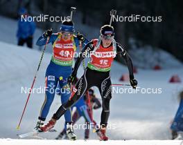 07.03.2012, Ruhpolding, Germany (GER): Elisabeth Hoegberg (SWE), Fischer, Rottefella, Leki, adidas, Selina Gasparin (SUI), Rossignol, Rottefella, Alpina, Leki, ODLO - IBU world championships biathlon, individual women, Ruhpolding (GER). www.nordicfocus.com. © Felgenhauer/NordicFocus. Every downloaded picture is fee-liable.