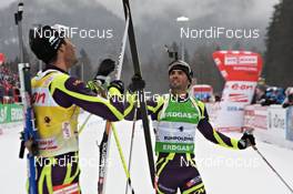 11.03.2012, Ruhpolding, Germany (GER): l-r: Martin Fourcade (FRA), Rossignol, Rottefella, OneWay, Simon Fourcade (FRA), Fischer, Rottefella, Rossignol, Swix, Odlo - IBU world championships biathlon, mass men, Ruhpolding (GER). www.nordicfocus.com. © Felgenhauer/NordicFocus. Every downloaded picture is fee-liable.