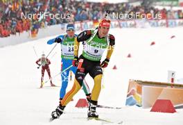 11.03.2012, Ruhpolding, Germany (GER): l-r: Lukas Hofer (ITA), Rossignol, Rottefella, Swix , ODLO, Arnd Peiffer (GER), Fischer, Salomon, OneWay, adidas - IBU world championships biathlon, mass men, Ruhpolding (GER). www.nordicfocus.com. © Felgenhauer/NordicFocus. Every downloaded picture is fee-liable.
