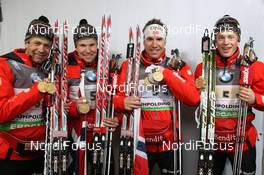 09.03.2012, Ruhpolding, Germany (GER): L-R: Ole Einar Bjoerndalen (NOR), Madshus, Rottefella, Odlo, Rune Bratsveen (NOR), Madshus, Rottefella, Odlo, Emil Hegle Svendsen (NOR), Madshus, Rottefella, Swix, Odlo, Tarjei Boe (NOR), Fischer, Rottefella, Swix, ODLO - IBU world championships biathlon, medals, Ruhpolding (GER). www.nordicfocus.com. © Manzoni/NordicFocus. Every downloaded picture is fee-liable.