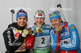 04.03.2012, Ruhpolding, Germany (GER): L-R: Magdalena Neuner (GER), Fischer, Rottefella, Swix, adidas, Toko, Darya Domracheva (BLR), Fischer, Rottefella, Leki, Olga Vilukhina (RUS), Fischer, Rottefella, Swix, adidas  - IBU world championships biathlon, medals, Ruhpolding (GER). www.nordicfocus.com. © Manzoni/NordicFocus. Every downloaded picture is fee-liable.