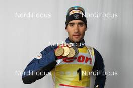 11.03.2012, Ruhpolding, Germany (GER): Martin Fourcade (FRA), Rossignol, Rottefella, OneWay - IBU world championships biathlon, medals, Ruhpolding (GER). www.nordicfocus.com. © Manzoni/NordicFocus. Every downloaded picture is fee-liable.