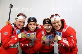 10.03.2012, Ruhpolding, Germany (GER): L-R: Tora Berger (NOR), Fischer, Rottefella, Odlo, Elise Ringen (NOR), Fischer, Rottefella, Odlo, Fanny Welle-Strand Horn (NOR), Madshus, Rottefella, Alpina, Swix, ODLO, Synnoeve Solemdal (NOR), Madshus, Rottefella, Swix, ODLO - IBU world championships biathlon, medals, Ruhpolding (GER). www.nordicfocus.com. © Manzoni/NordicFocus. Every downloaded picture is fee-liable.