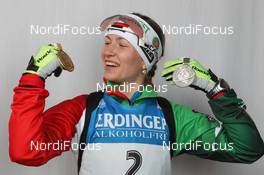 04.03.2012, Ruhpolding, Germany (GER): Darya Domracheva (BLR), Fischer, Rottefella, Leki - IBU world championships biathlon, medals, Ruhpolding (GER). www.nordicfocus.com. © Manzoni/NordicFocus. Every downloaded picture is fee-liable.