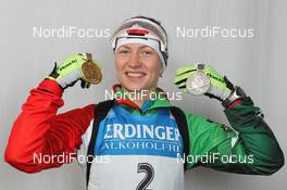 04.03.2012, Ruhpolding, Germany (GER): Darya Domracheva (BLR), Fischer, Rottefella, Leki - IBU world championships biathlon, medals, Ruhpolding (GER). www.nordicfocus.com. © Manzoni/NordicFocus. Every downloaded picture is fee-liable.