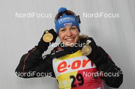 03.03.2012, Ruhpolding, Germany (GER): Magdalena Neuner (GER), Fischer, Rottefella, Swix, adidas, Toko - IBU world championships biathlon, medals, Ruhpolding (GER). www.nordicfocus.com. © Manzoni/NordicFocus. Every downloaded picture is fee-liable.